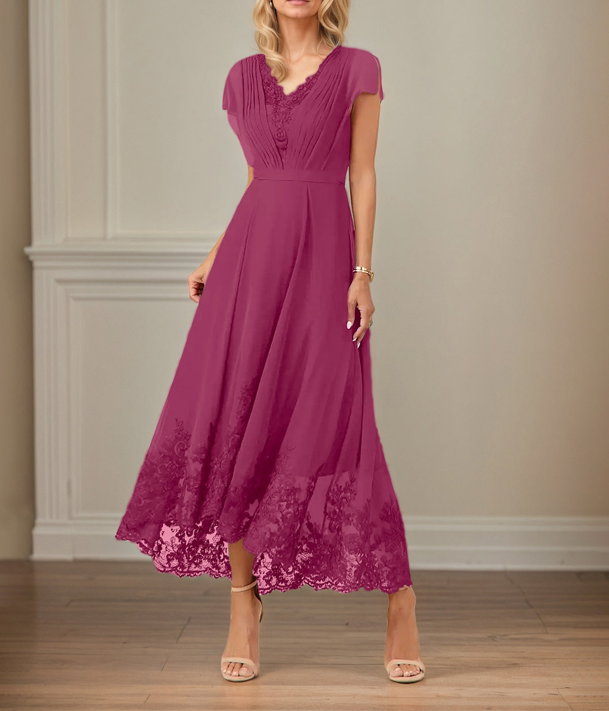 A Line V Neck Flutter Sleeve Ankle Length Chiffon Dress With Appliques