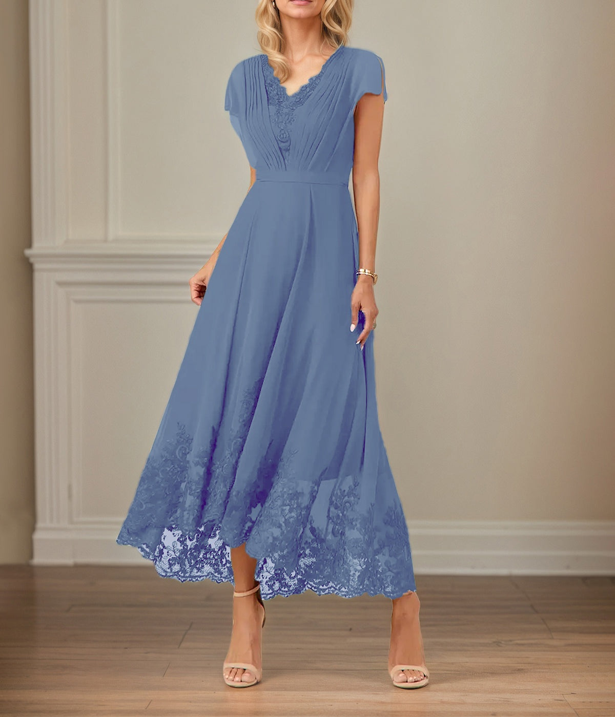 A Line V Neck Flutter Sleeve Ankle Length Chiffon Dress With Appliques