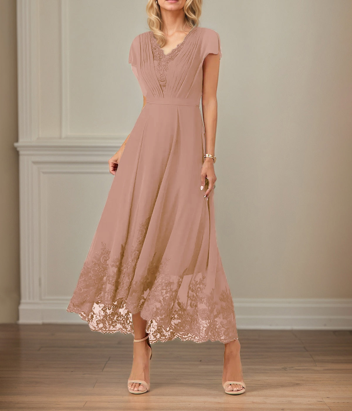 A Line V Neck Flutter Sleeve Ankle Length Chiffon Dress With Appliques