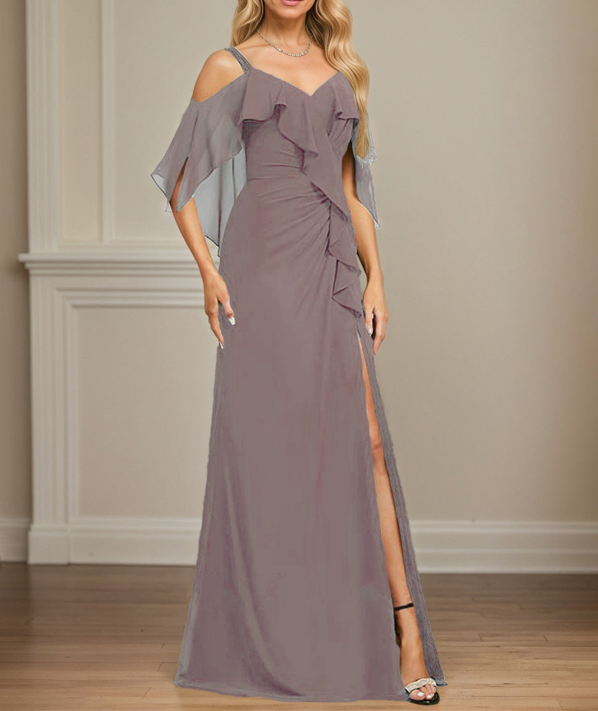 Sheath/Column Cold Shoulder V-Neck Floor-Length Chiffon Dress With Cascading Ruffles Sequins Beading