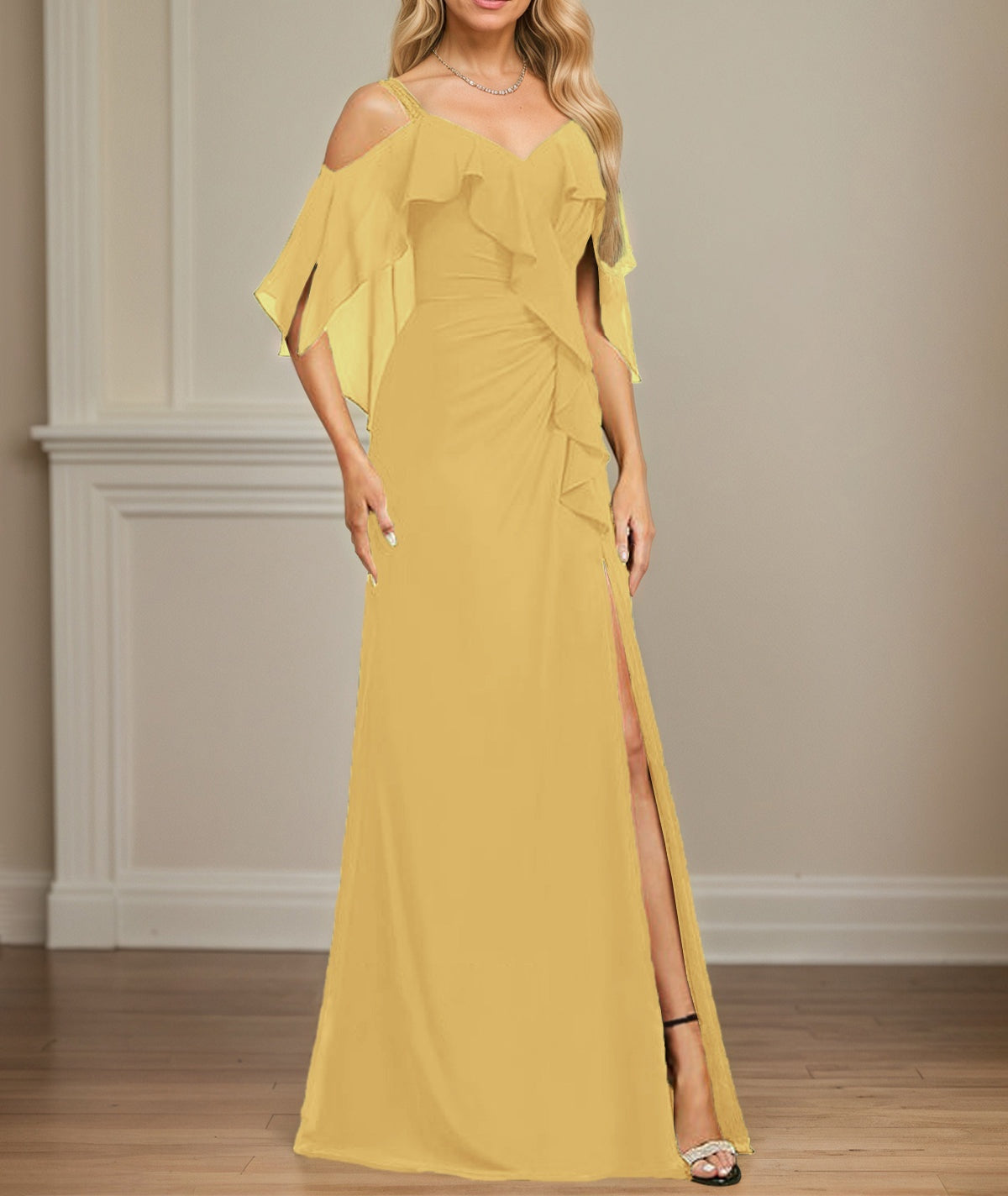 Sheath/Column Cold Shoulder V-Neck Floor-Length Chiffon Dress With Cascading Ruffles Sequins Beading