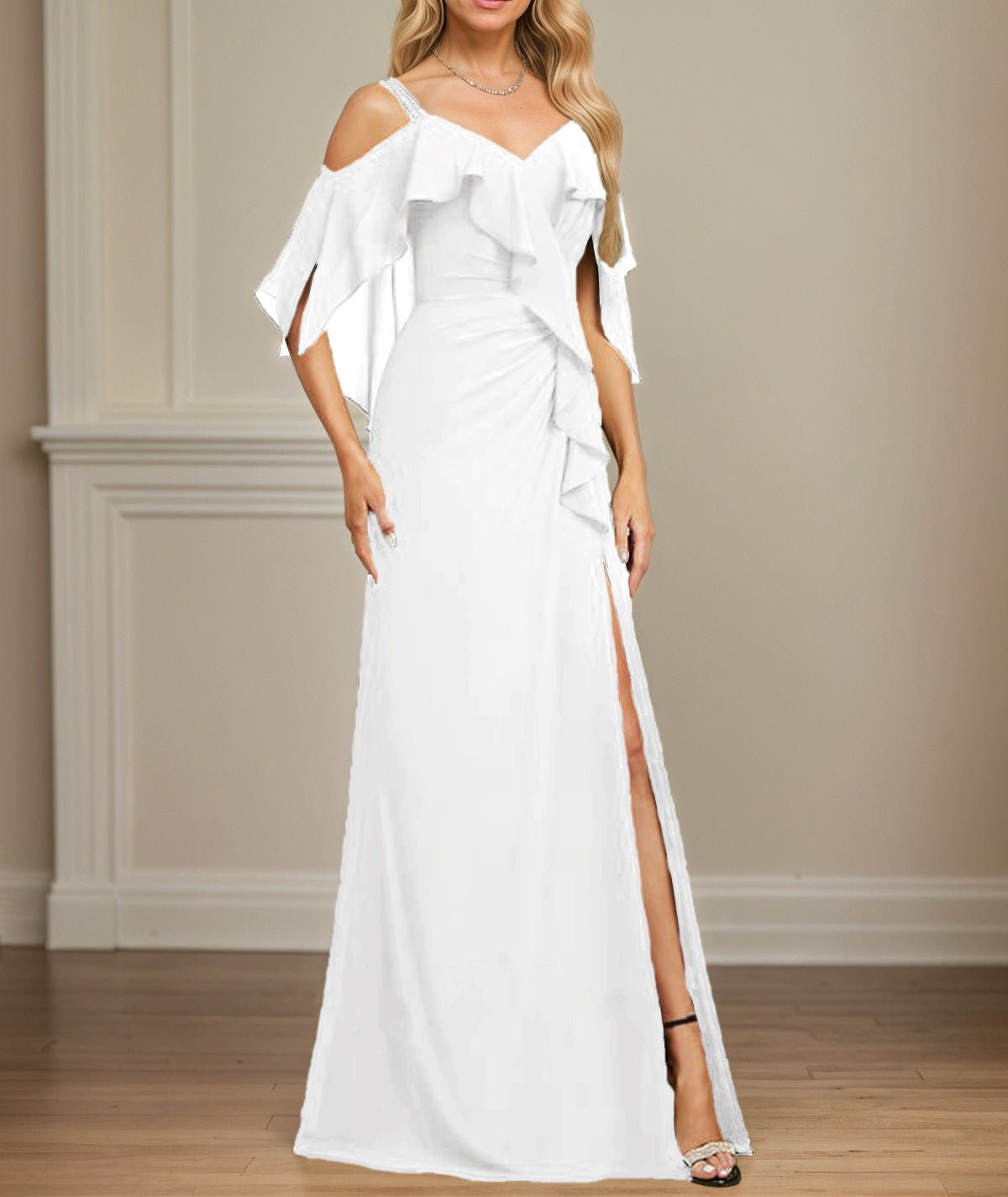 Sheath/Column Cold Shoulder V-Neck Floor-Length Chiffon Dress With Cascading Ruffles Sequins Beading