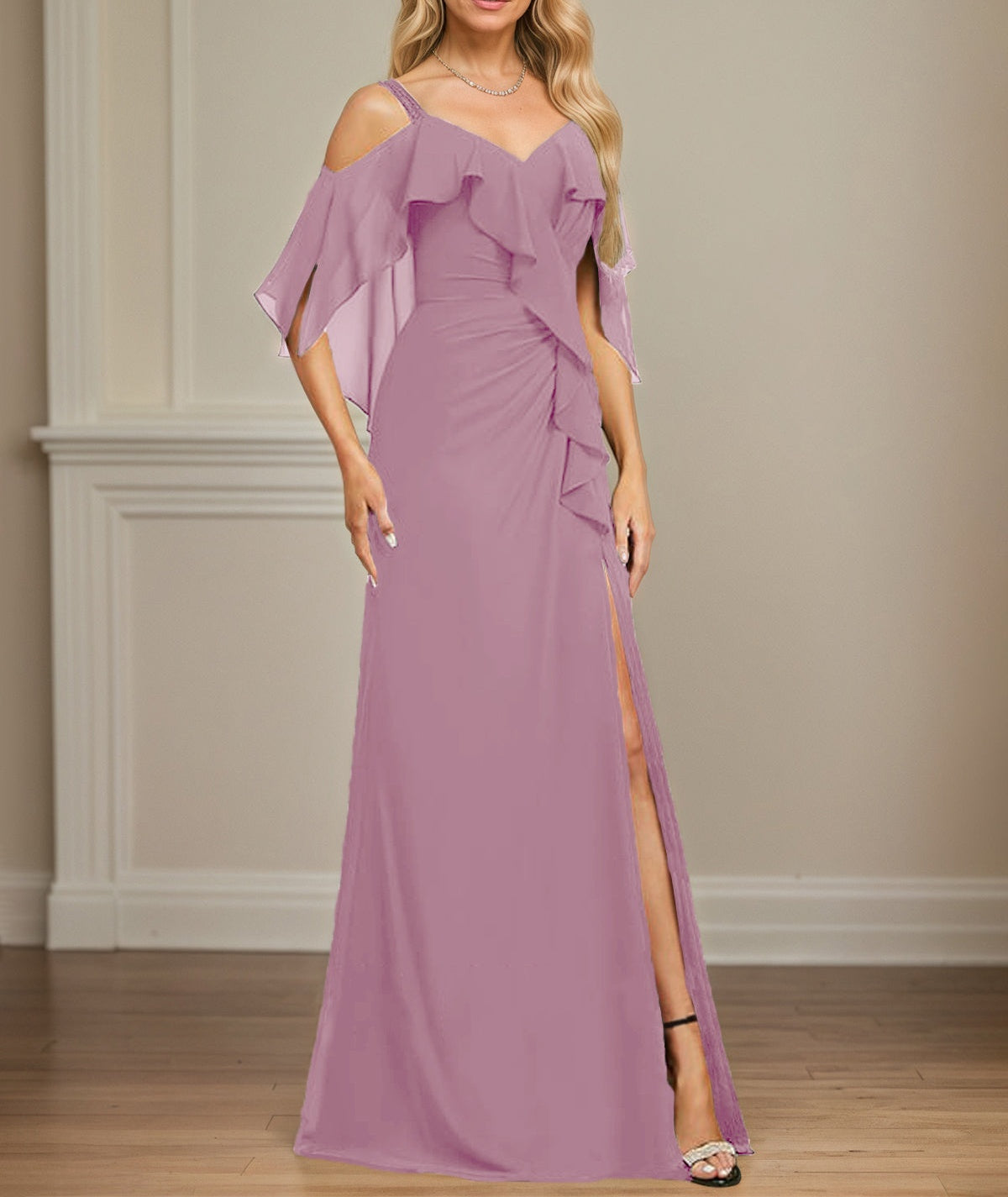 Sheath/Column Cold Shoulder V-Neck Floor-Length Chiffon Dress With Cascading Ruffles Sequins Beading