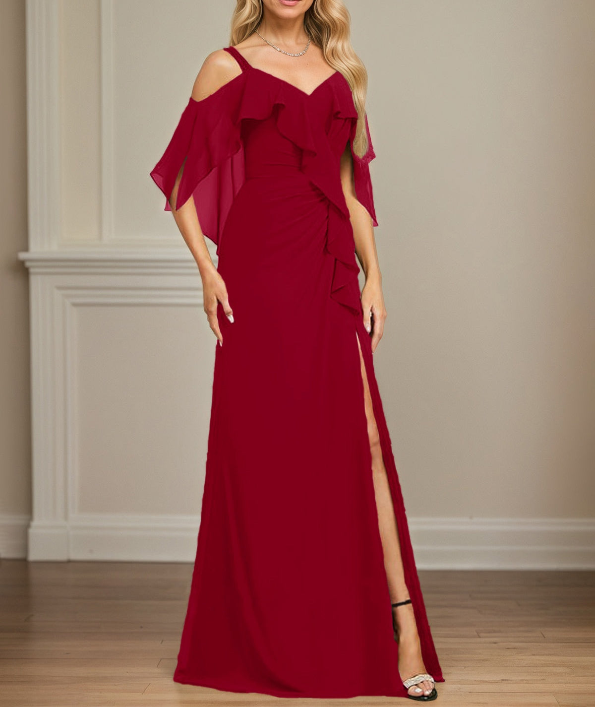 Sheath/Column Cold Shoulder V-Neck Floor-Length Chiffon Dress With Cascading Ruffles Sequins Beading