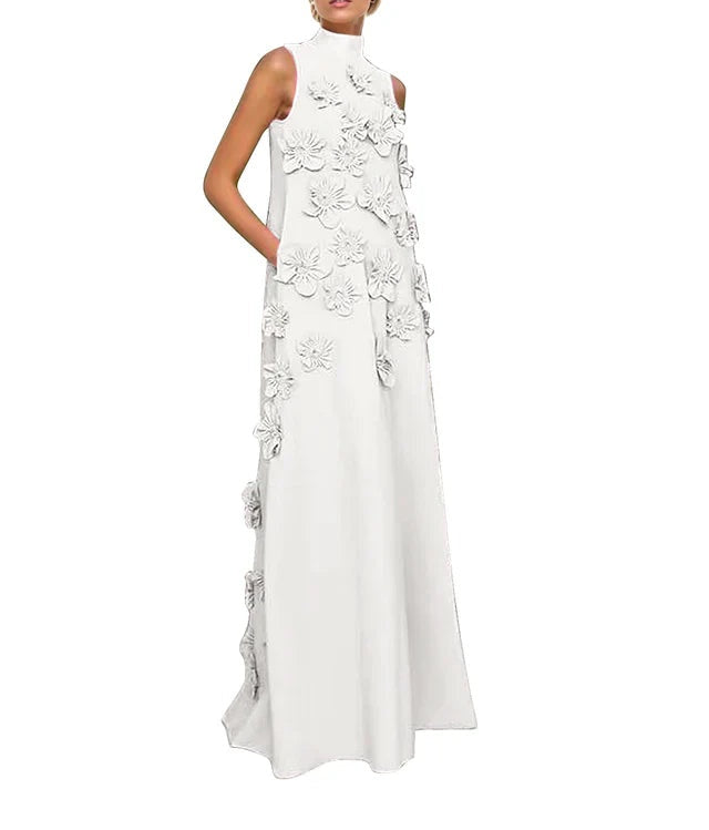 A Line High Neck Sleeveless Floor Length Stretch Crepe Dress With 3D Flowers