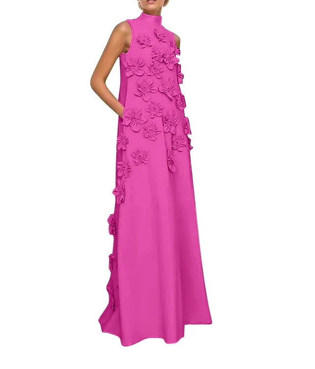 A Line High Neck Sleeveless Floor Length Stretch Crepe Dress With 3D Flowers