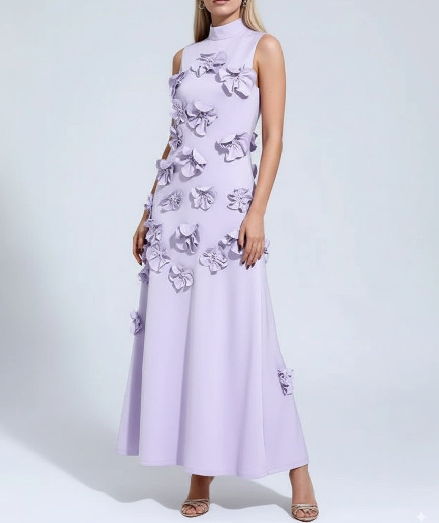 A Line High Neck Sleeveless Floor Length Stretch Crepe Dress With 3D Flowers