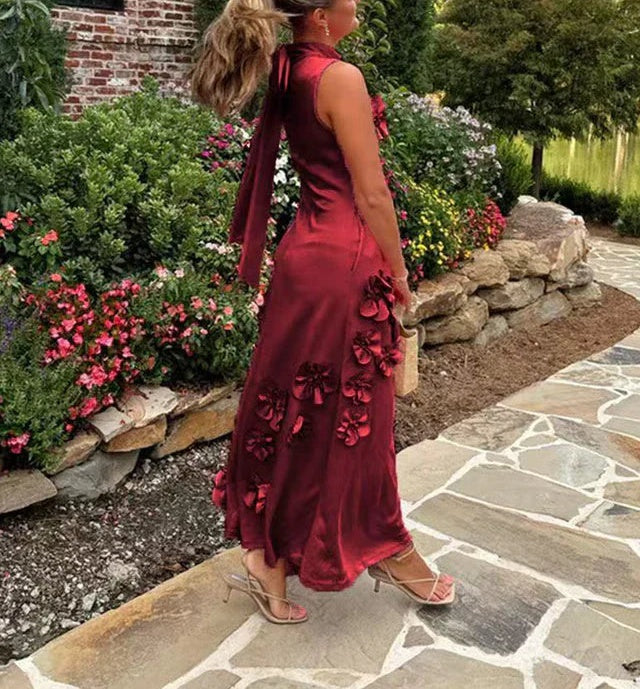 A Line High Neck Sleeveless Floor Length Stretch Crepe Dress With 3D Flowers