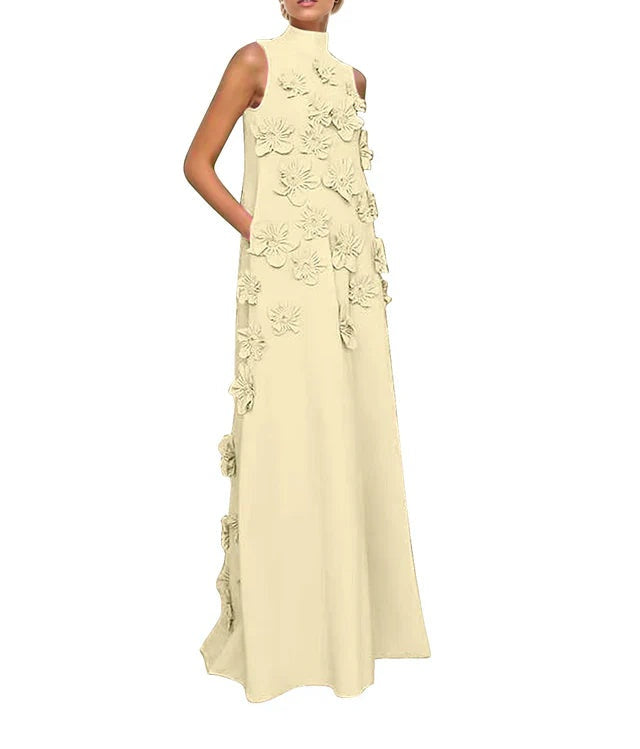 A Line High Neck Sleeveless Floor Length Stretch Crepe Dress With 3D Flowers