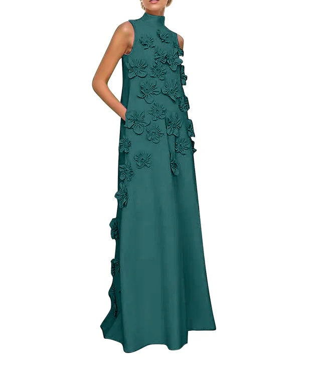 A Line High Neck Sleeveless Floor Length Stretch Crepe Dress With 3D Flowers