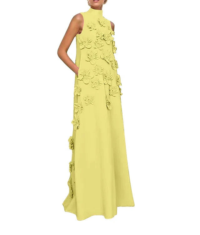 A Line High Neck Sleeveless Floor Length Stretch Crepe Dress With 3D Flowers