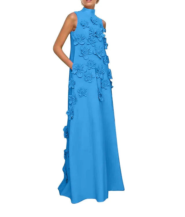 A Line High Neck Sleeveless Floor Length Stretch Crepe Dress With 3D Flowers