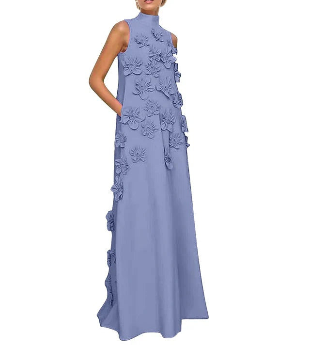 A Line High Neck Sleeveless Floor Length Stretch Crepe Dress With 3D Flowers