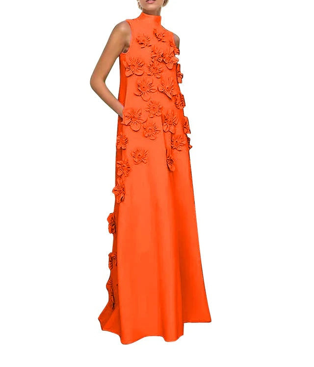 A Line High Neck Sleeveless Floor Length Stretch Crepe Dress With 3D Flowers