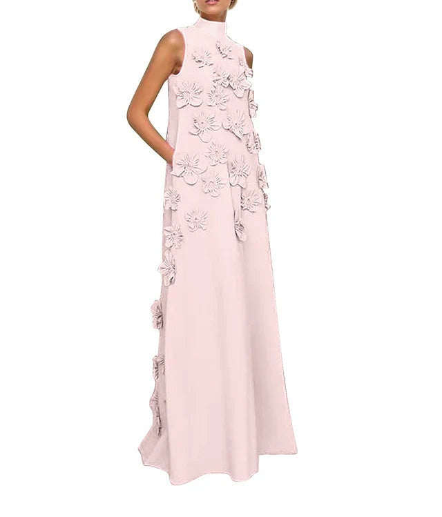 A Line High Neck Sleeveless Floor Length Stretch Crepe Dress With 3D Flowers