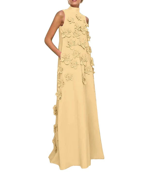 A Line High Neck Sleeveless Floor Length Stretch Crepe Dress With 3D Flowers