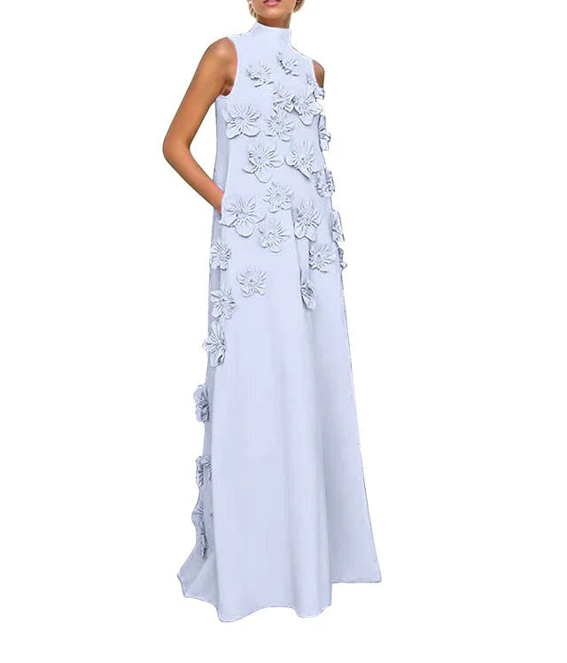 A Line High Neck Sleeveless Floor Length Stretch Crepe Dress With 3D Flowers