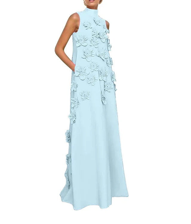 A Line High Neck Sleeveless Floor Length Stretch Crepe Dress With 3D Flowers