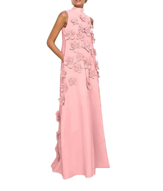 A Line High Neck Sleeveless Floor Length Stretch Crepe Dress With 3D Flowers