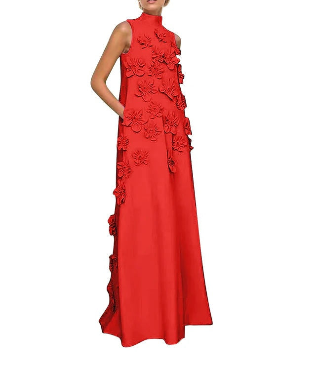 A Line High Neck Sleeveless Floor Length Stretch Crepe Dress With 3D Flowers