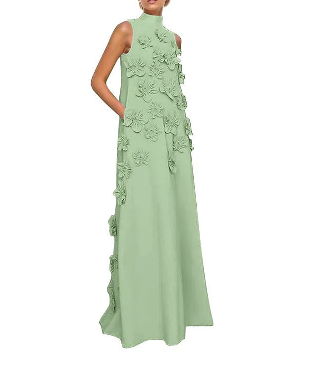 A Line High Neck Sleeveless Floor Length Stretch Crepe Dress With 3D Flowers