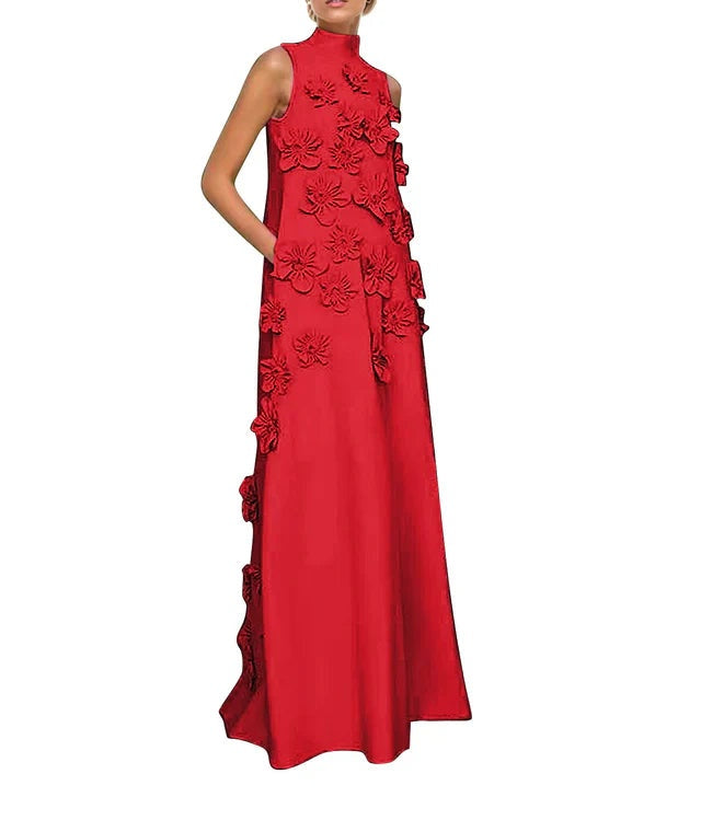 A Line High Neck Sleeveless Floor Length Stretch Crepe Dress With 3D Flowers