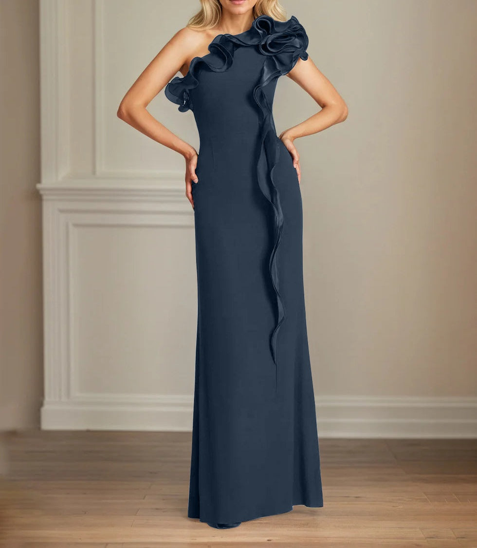 Navy Stretch Crepe Sheath/Column One Shoulder Floor Length Mother of the Bride Dresses With Ruffles