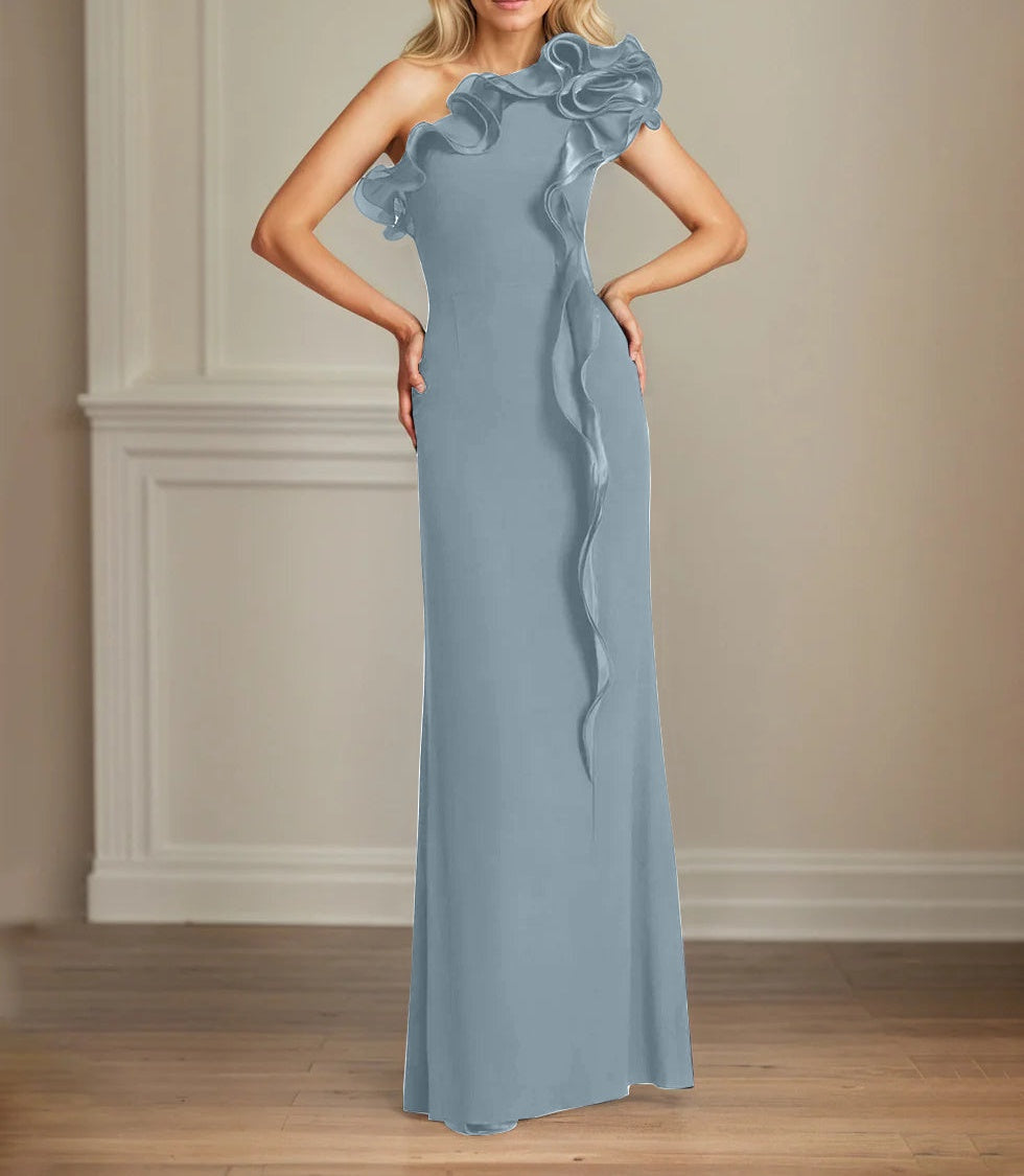 Navy Stretch Crepe Sheath/Column One Shoulder Floor Length Mother of the Bride Dresses With Ruffles