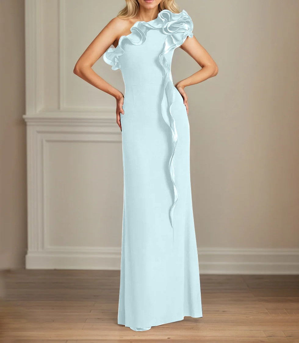 Navy Stretch Crepe Sheath/Column One Shoulder Floor Length Mother of the Bride Dresses With Ruffles