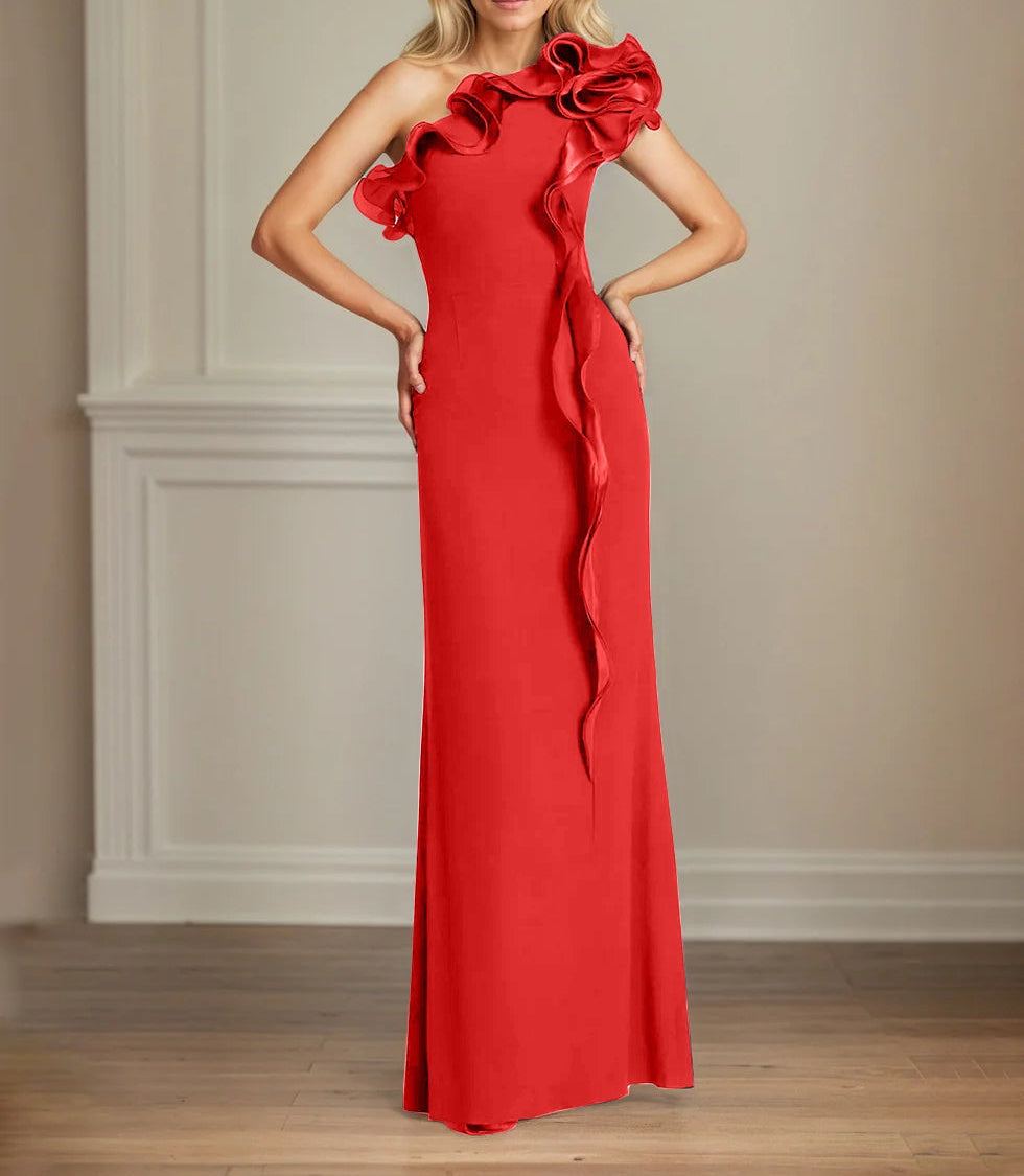 Navy Stretch Crepe Sheath/Column One Shoulder Floor Length Mother of the Bride Dresses With Ruffles