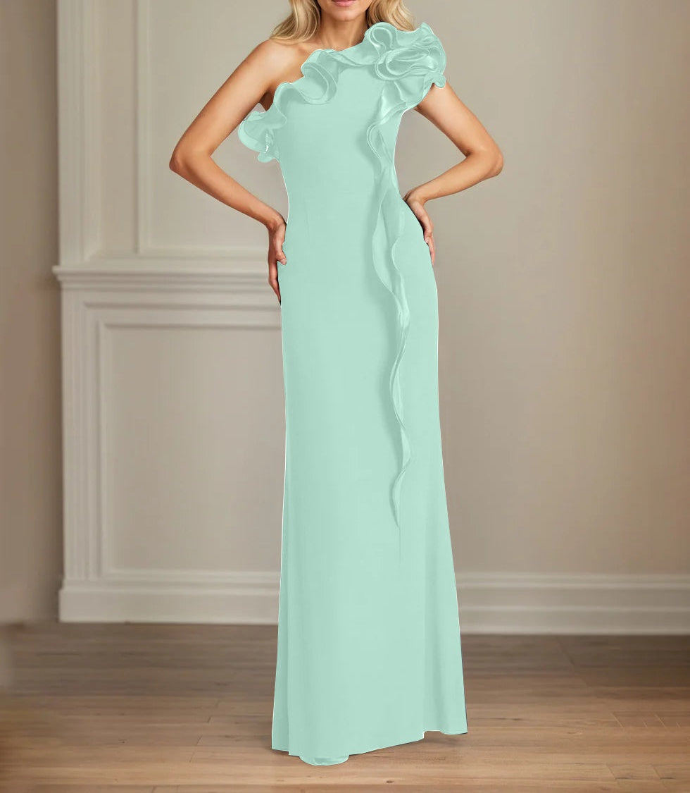 Navy Stretch Crepe Sheath/Column One Shoulder Floor Length Mother of the Bride Dresses With Ruffles