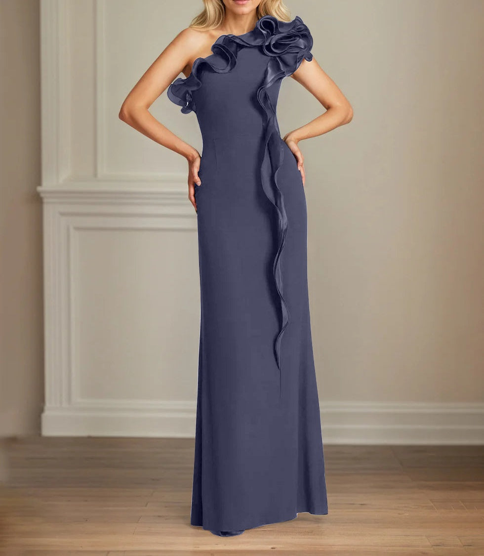 Navy Stretch Crepe Sheath/Column One Shoulder Floor Length Mother of the Bride Dresses With Ruffles