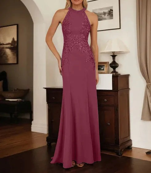 Dusty Blue Sheath Halter Long Mother of Bride Dress With Appliques