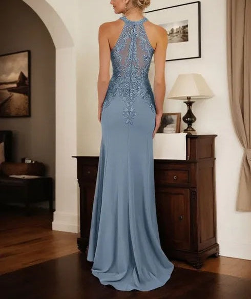 Dusty Blue Sheath Halter Long Mother of Bride Dress With Appliques
