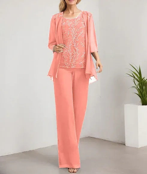 Separates Jumpsuit/Pantsuit Scoop Floor-Length Lace Chiffon Mother of the Bride Dress With Sequins