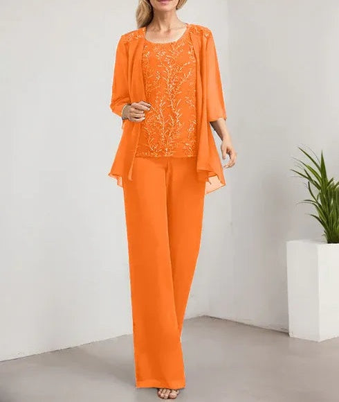 Separates Jumpsuit/Pantsuit Scoop Floor-Length Lace Chiffon Mother of the Bride Dress With Sequins
