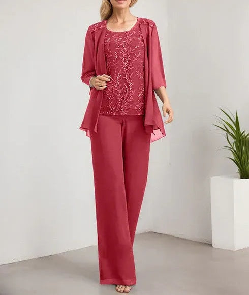 Separates Jumpsuit/Pantsuit Scoop Floor-Length Lace Chiffon Mother of the Bride Dress With Sequins