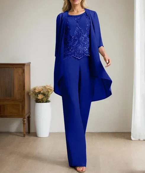 Separates Jumpsuit/Pantsuit Scoop Floor-Length Chiffon Lace Mother of the Bride Dress With Beading Sequins