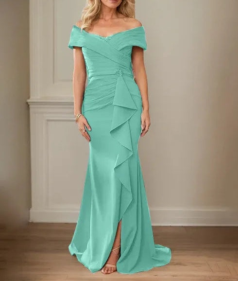 Sheath/Column V-Neck Illusion Floor-Length Lace Chiffon Mother of the Bride Dress With Pleated Sequins