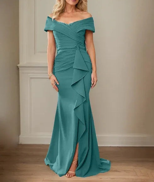 Sheath/Column V-Neck Illusion Floor-Length Lace Chiffon Mother of the Bride Dress With Pleated Sequins