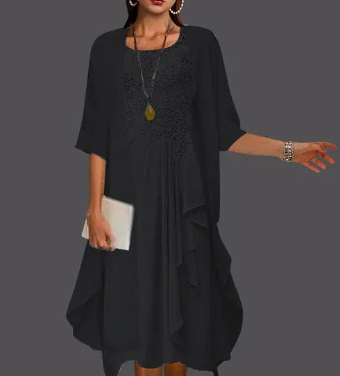 Two Piece A-Line Chiffon Lace Sleeveless Jacket Dresses with Pleats Appliques