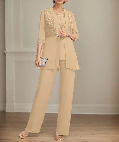 Jumpsuit/Pantsuit Separates Scoop Floor-Length Chiffon Lace Mother of the Bride Dress With Sequins