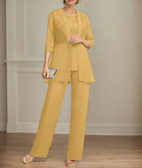 Jumpsuit/Pantsuit Separates Scoop Floor-Length Chiffon Lace Mother of the Bride Dress With Sequins