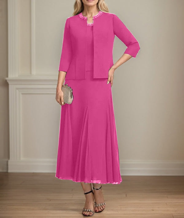 Separates A-line Scoop Tea-Length Chiffon Mother of the Bride Dress With Sequins Beading