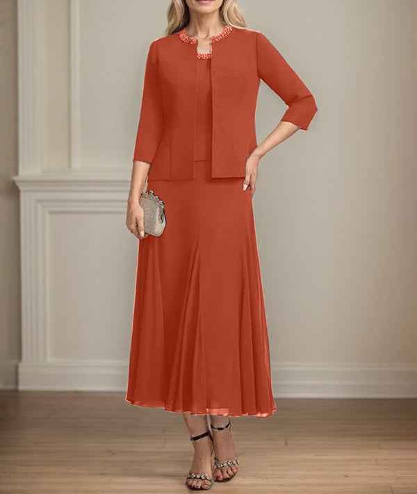 Separates A-line Scoop Tea-Length Chiffon Mother of the Bride Dress With Sequins Beading