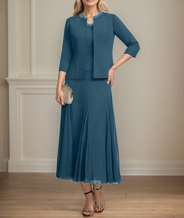 Separates A-line Scoop Tea-Length Chiffon Mother of the Bride Dress With Sequins Beading