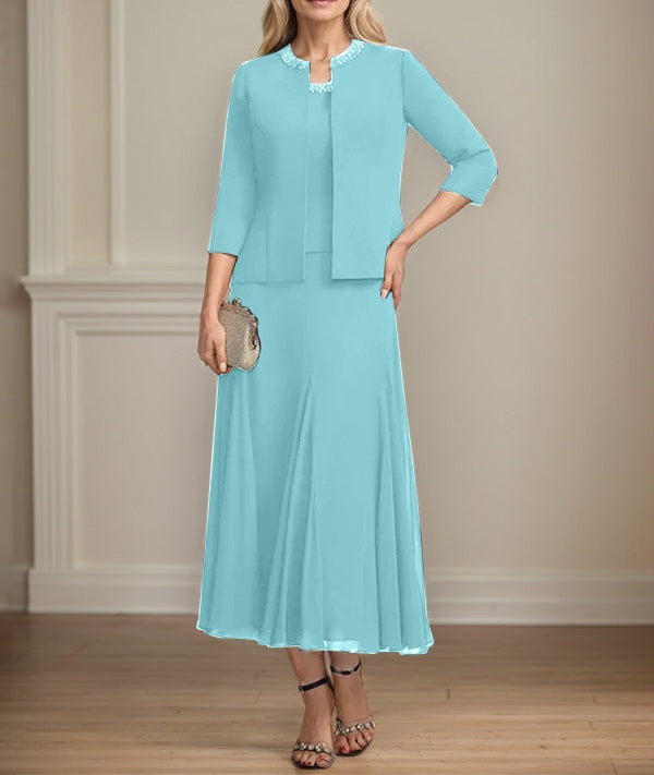 Separates A-line Scoop Tea-Length Chiffon Mother of the Bride Dress With Sequins Beading