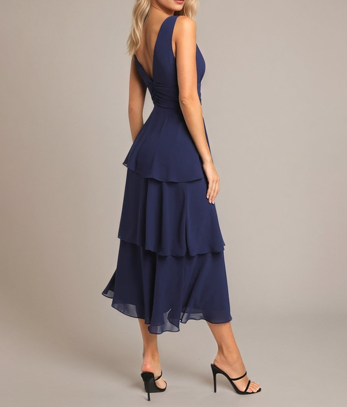 Navy A Line Chiffon V Neck Sleeveless Tea Length Dresses With Ruffles