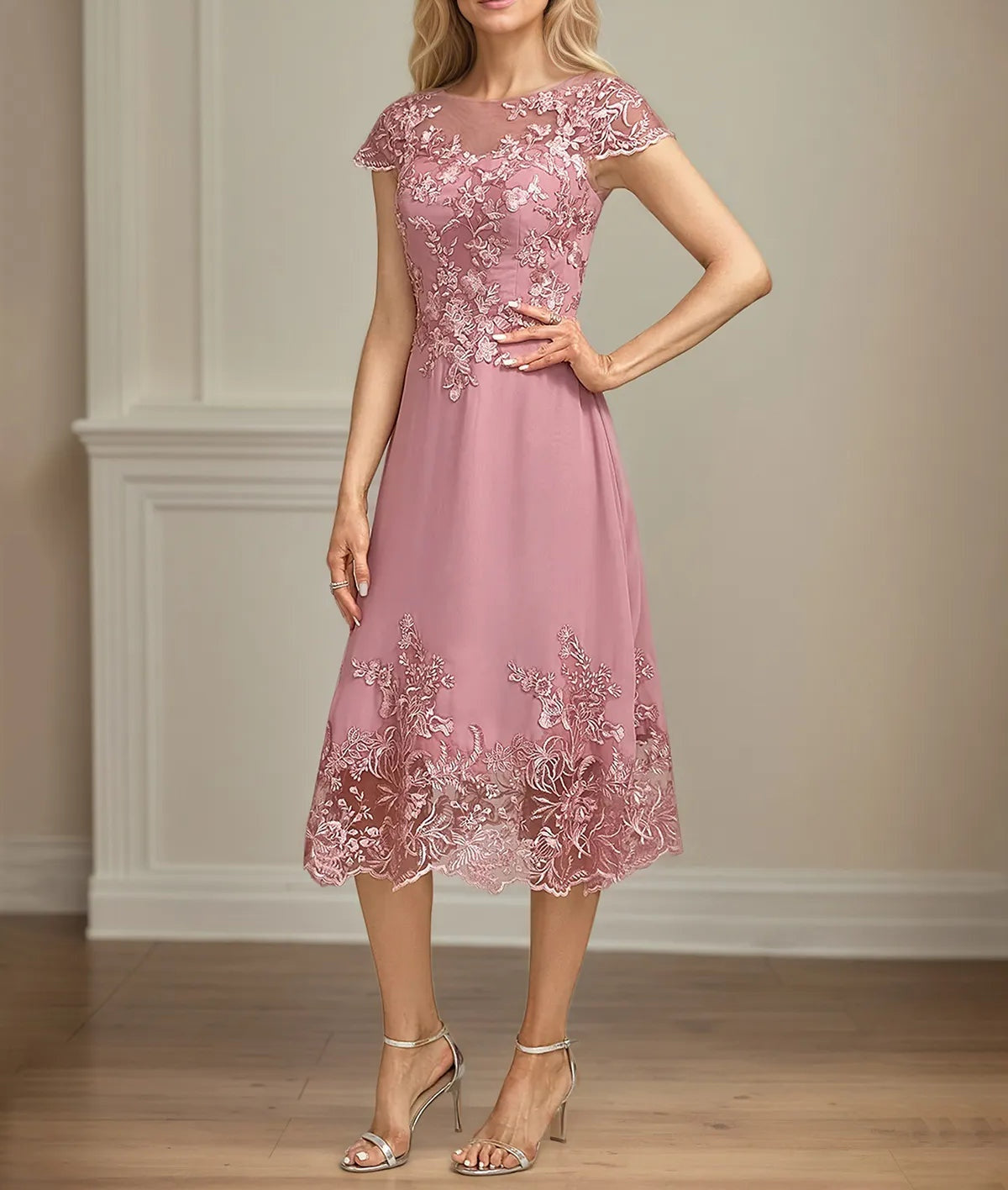 A Line Scoop Neck Chiffon Mother of the Bride Dress with Appliques