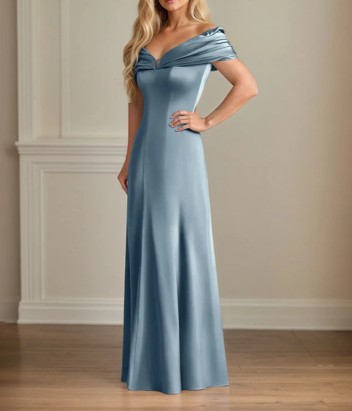 Trumpet/Mermaid V-Neck Cold Shoulder Sleeve Floor-Length Satin Dress With Pleated